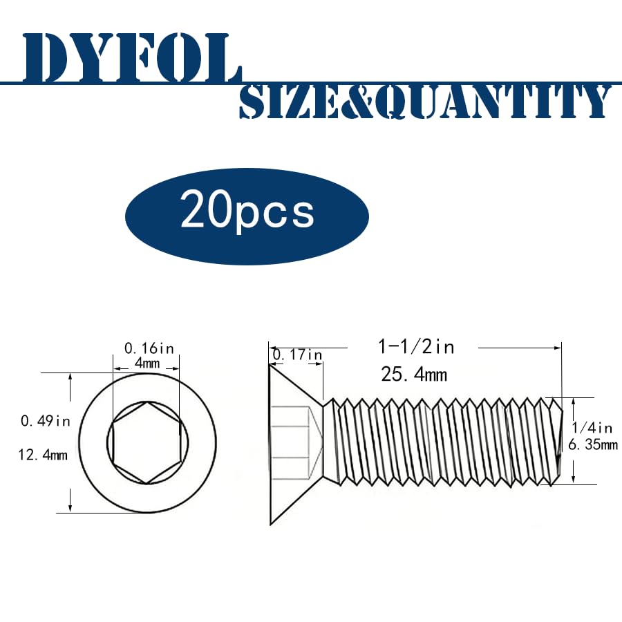 20Pcs 1/4"-20x1-1/2 Flat Head Socket Cap Bolts Screws,304 Stainless Steel 18-8, Allen Hex Drive, Bright Finish,Fully Threaded by DYFOL (1/4"-20x1.5in 20pcs) - size: 1/4"-20×1-1/2