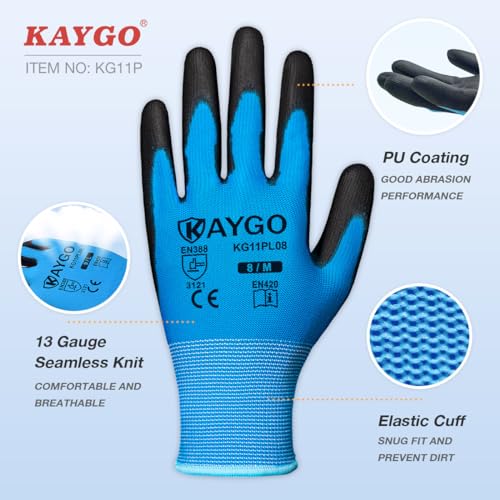 KAYGO Safety Work Gloves for Men Women, PU Coated Palm & Fingers, KG11P - color: Blue, size: X-Large