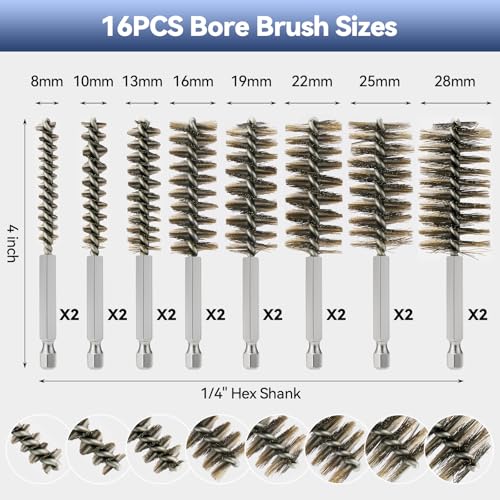 16 Pcs Wire Bore Brush for Drill，Stainless Steel Drill Brush Set，with 1/4 Inch Hex Shank, Power Drill Attachment for Polishing, Rust and Tube Cleaning (5/16" - 1-1/8") - size: 16PCS