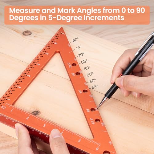 Neitra Square Ruler with Fixed Angle Pin, Accurate Compact Aluminum Alloy Squares with Laser Etched Markings for Carpenter Woodworking Furniture Projects (Orange, 7 Inch)