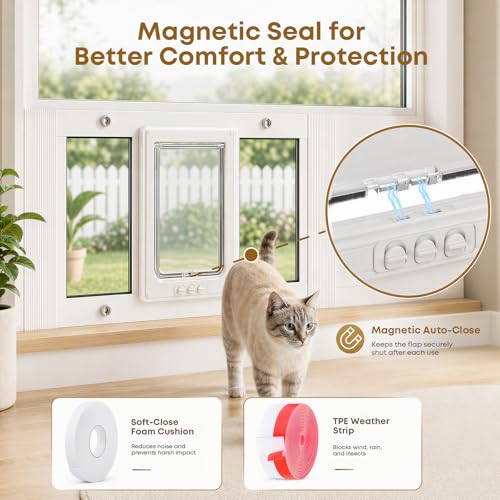 Cat Door for Window, Adjustable 23"-28", 4 Locking Modes + Extra Security Lock for Outside Safety, Window Pet Door with Magnetic Self-Closing, No-Drill Installation, Weatherproof Aluminum Frame Insert - size: 23-28 inches