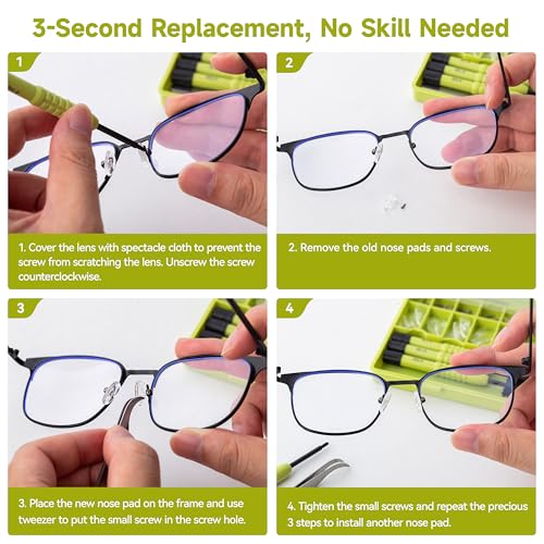 Eyeglass Nose Pads Replacement, 24 Pairs of Screw-in Glasses Nose Pads with Precision Screwdriver Set, Magnetic Eyeglass Repair Kit with Screws, Curved Tweezer for Travel, Birthday Gift, Christmas - color: Green