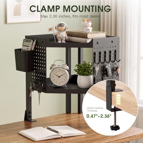 2-Tier Metal Clamp On Desk Shelf, Desk Organizer with 2 Pegboards and Hooks | Heavy Duty Corner Desk Shelf with Removable Pegboards Headphone Holder Pencil Cup and Hooks for Desk organizers Accessories