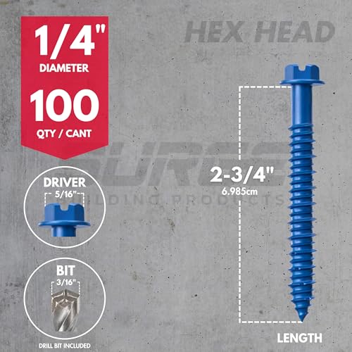 1/4" x 2-3/4" Hex Head Blue Concrete Screws with Drill Bit (Box of 100) - size: 1/4" x 2-3/4"