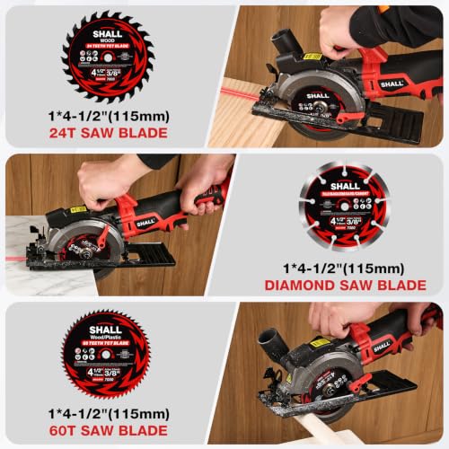 SHALL 20V Cordless Mini Circular Saw, 4-1/2’’ 4000RPM Power Circular Saw with 4.0Ah Battery, Laser Guide, 3 Saw Blades Max Cutting Depth 1-11/16" (90°), 1-1/8" (45°) for Wood, Tile, Plastic