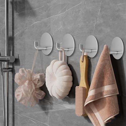 Adhesive Hooks for Bathrooms, 4 Piece Towel Hooks for Hanging Hat Robe Coat, Stick on Hooks for Kitchens, Strong Self-Adhesive No Damage Waterproof Stainless Steel Sticky Hook (Silvery) - color: Round-A-Silvery