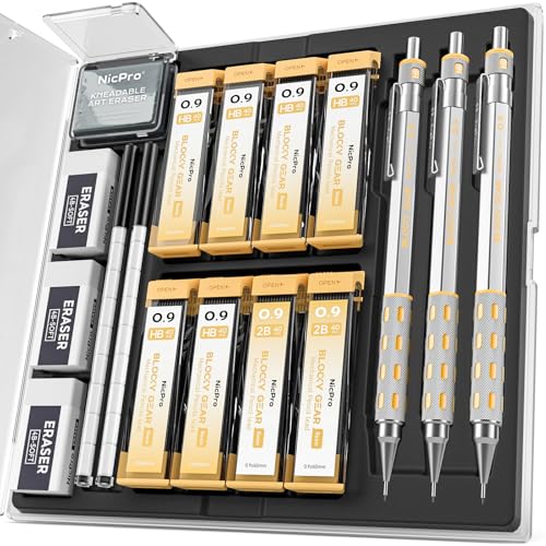 Nicpro Blocky Gear 0.9 mm Mechanical Pencils Set in Case, 3 Pack - style: 0.9mm