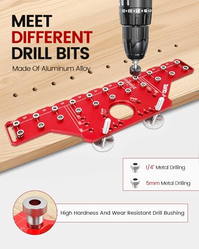 TANYO 2 In 1 Shelf Pin Jig and Hinge Jig, 35mm Drill Bits, Cabinet Hardware | Aluminum, 4 Hardened Bits, 1/4" Spacing, Offset 37/50/64, Hinge 3-6mm, Woodworking Drill Guide Tool - color: Red, size: 11 Hole