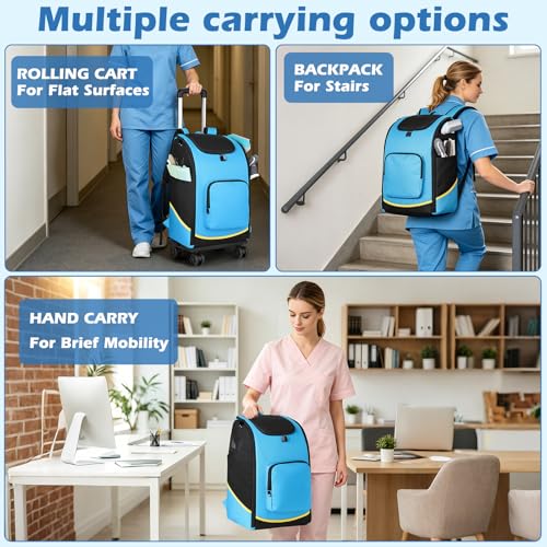 Rolling Cleaning Caddy Bag with Wheels, Large Cleaning Supplies Organizer Backpack with Detachable Trolley and Cleaning Apron for Housekeepers, Home, Hotel & Car Detailing - color: A02-blue