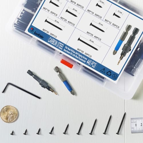 440PCS Flat Head Phillips Wood Screws Assortment Kit, Carbon Steel Self-Tapping Screw with Adjustable Wood Countersink (CSQ235 M3) - size: CSQ235 M3