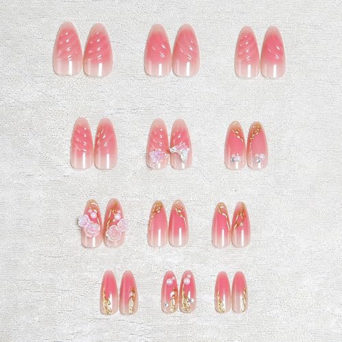 3D Pink Press on Nails Almond Medium French Tip Fake Nails with Embossed Flower Rose Butterfly&Charm Designs Glossy Finish Reusable False Nails 24Pcs Nail Kit for Women Manicure(3D Embossed design 2) - color: 3D Embossed design 2