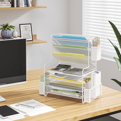 Simple Trending 7 Tier Desk File Organizer, Letter Tray Paper Organizer with Pen Holder and Metal Hanging Basket, White - color: Pen holder White