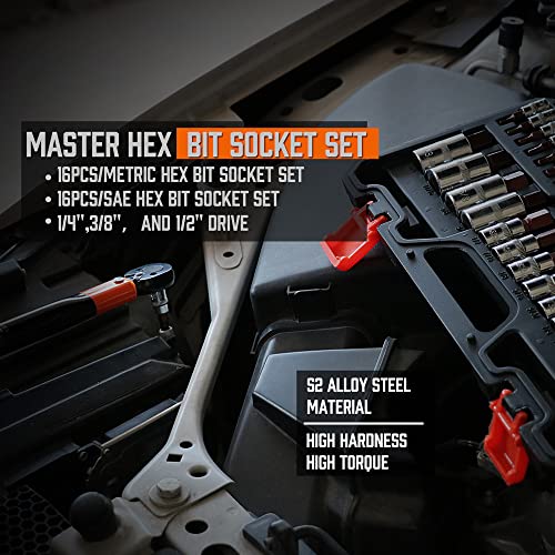 High Torque Master Hex Bit Socket Set, 32-Piece SAE & Metric Allen Socket Set, Premium S2 Alloy Steel, Durable Storage Case, 1/4", 3/8", 1/2" Drive, for Automotive & Mechanical Work - color: 32 Pcs Orange