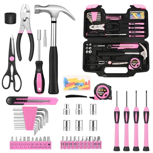 HANGYING 132-Piece Home Tool Kit for Women with Plastic Toolbox Pink - color: Light Pink
