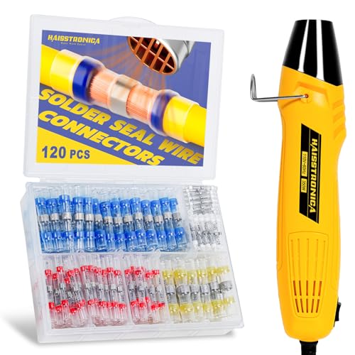 haisstronica 120PCS Solder Seal Connector Kit, 350W Heat Gun, AWG 26-10 | Clear Sleeves, 2 Heat Settings, Focused Nozzle, 4 Color-Coded Sizes, Mini Heat Gun, Tight-Space Repairs - size: 120PCS