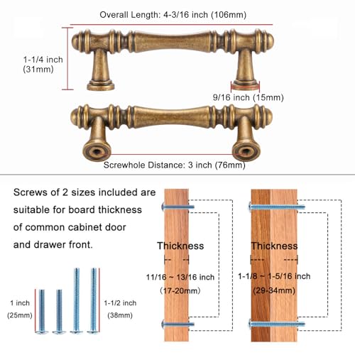 KOOFIZO 30 Pack 3 in Antique Brass Cabinet Pulls, Brass Drawer Handles P30 - color: Antique Brass, size: 3" CC - 30Pcs