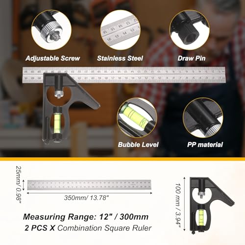 HARFINGTON 2Pcs Combination Square Ruler 12" / 300mm Metric Stainless Steel Carpenter Combo Square Metal Woodworking Measure Tools with Bubble Level for Metalworking and Carpentry, Silver