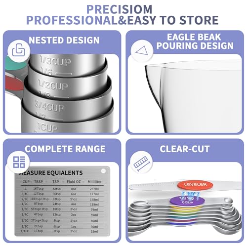 Measuring Cups and Spoons Set for Cooking & Baking, 5 Stainless Steel Magnetic Measuring Cups, 3 Plastic Measuring Cup, 7 Magnetic Measuring Spoons, 1 Leveler, 1 Measuring Conversion Chart