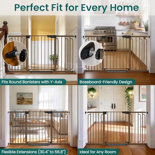 Cumbor 30.4-56.8" Extra Wide Baby Gate, Auto Close Dual Lock Dog Gate Brown - color: Brown, size: 30.4"-56.8" W x 30.5" H