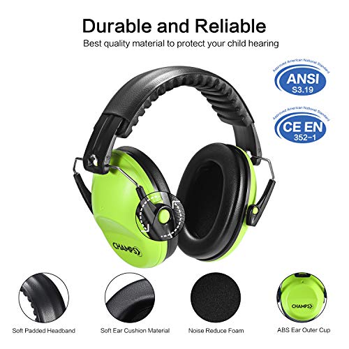 Champs Ear Muffs for Noise Reduction Earmuff Noise Protection Reduction Headphones for Toddlers Kid Children Teen NRR 25dB Safety Hearing Ear Muff Air Shows, Concerts, Firework, Study [Green] - color: Green