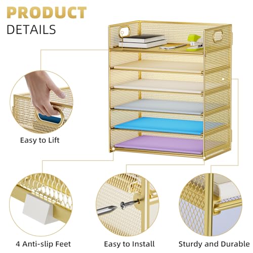 Marbrasse 2 Pack Desk Organizer with Handle, 6 Tier Paper Letter Tray, Mesh Desk File Organizer for Office, School and Home - Gold - color: Gold - 2p
