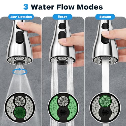 Kitchen Faucet Head Replacement 3 Modes with 12 Adapters, Pull Down Spray Head for Kitchen Faucet, Kitchen Sink Faucet Head G 1/2, Sprayer Head Replacement, Chrome - color: Chrome with 17 Adapters