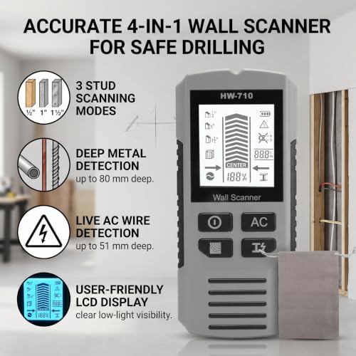 Eujgoov HW-710 Wall Scanner Stud Finder Sensor with LCD Display Metal AC Wire Detector for Wood Studs Copper Pipe Depth Detection Batteries Not Included