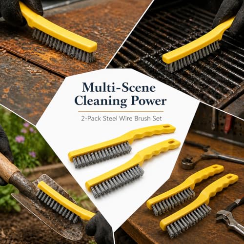 2 Pcs Stainless Steel Wire Brush for Cleaning Rust - 11" Heavy Duty Wire Brushes for Metal, Welding & Deburring - Comfortable Curved Handle Rust Remover Tool