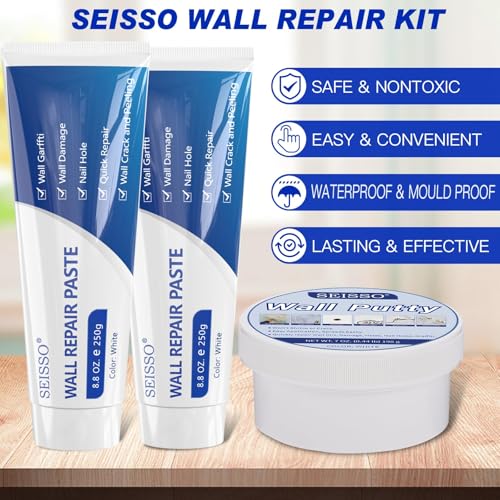 SEISSO Drywall Repair Kit, White- Wall Mending Agent 250 g* 2, Wall Repair Paste Plaster, 1 Pack Wall Putty, Repair Tape and Wall Repair Patch with 2inch 4inch, Quick Fill Crack and Nail Hole - style: 2pcs paste + putty