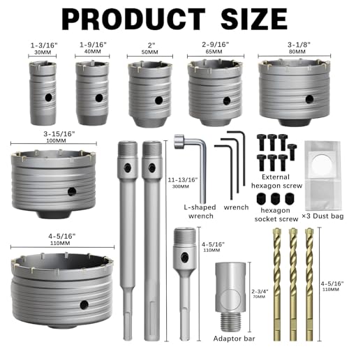 22PCS Concrete Hole Saw Kit, 30/40/50/65/80/100/110mm, Alloy Steel, Silver, Industrial, Hole Saw Set, Compatible with Stone, Brick, Cement, Wall Drilling - size: (1-3/16" to 4-5/16")-22PCS