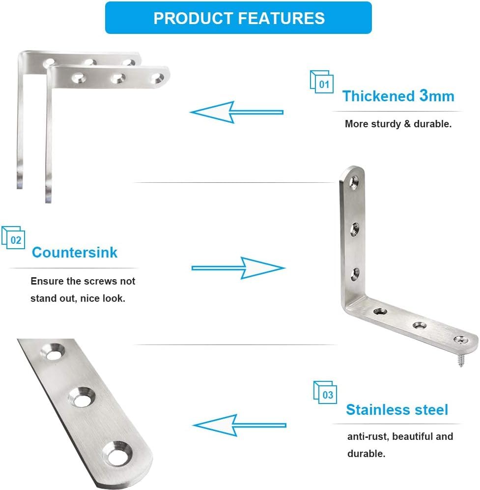 Stainless Steel Corner Bracket - 8 PCS Heavy Duty Right Angle Brackets for Wood Furniture and Metal Joints - 4 x 4 Inch - with Screw - size: 4 x 4 inch 8 pieces