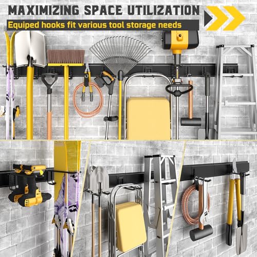 96" Garage Tool Organizer Wall Mount, 1250lbs Heavy Duty Garden Tool Storage Rack with 15 Adjustable Hooks for Yard, Shed, Garage (6 Racks, 15 Hooks, 2 Straps, Steel) - size: 96inch
