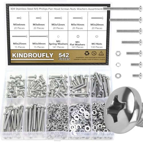 542 Pieces M3 x 6/8 /12/16 /20/25 /30mm Phillips Pan Head Machine Screws Nuts Washers Assortment Kit, 304 Stainless Steel, Fully Machine Thread - size: M3, style: Phillips Pan Head