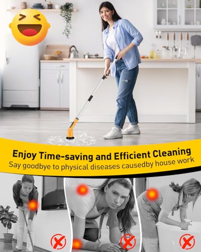 Electric Spin Scrubber for Bathroom, Shower Scrubber with Long Handle - color: Yellow, size: 3 Brush Heads