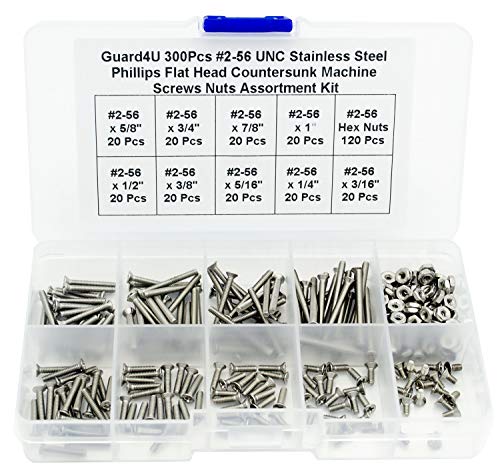 300Pcs #2-56 UNC Stainless Steel Phillips Flat Head Countersunk Machine Screws Nuts Assortment Kit- #2-56x 3/16" 1/4" 5/16" 3/8" 1/2" 5/8" 3/4" 7/8" 1" - size: #2-56