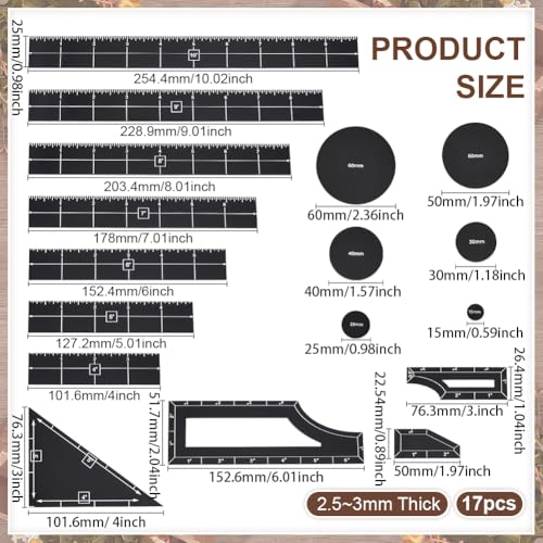 BENECREAT 17Pcs Black Objective Point Markers, Acrylic Objective Makers Ruler Set War Games Measuring Ruler, Round Objective Marker Gaming Accessory for Tabletop Wargames