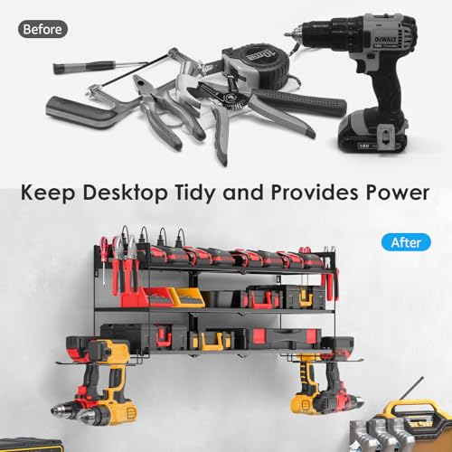 CCCEI Large Garage Tools Storage with Charging Station. Power Tool Battery Organizer Utility Shelf with Power Strip. 4 Drills Holder Wall Mount Rack, Black 3 Layer. - size: Large, style: 3 Layer