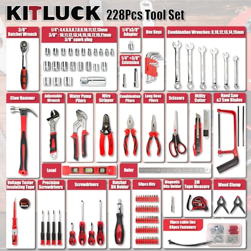 KITLUCK 228-piece Home Tool Kit, Household Hand Repair Tool Set for men, Portable Tool box Set with Tools (Screwdriver, Wrench, Plier, Socket, Harmer, Hex Key, Rule, Saw, Knife, etc.) for Home and Car - size: 228Pcs
