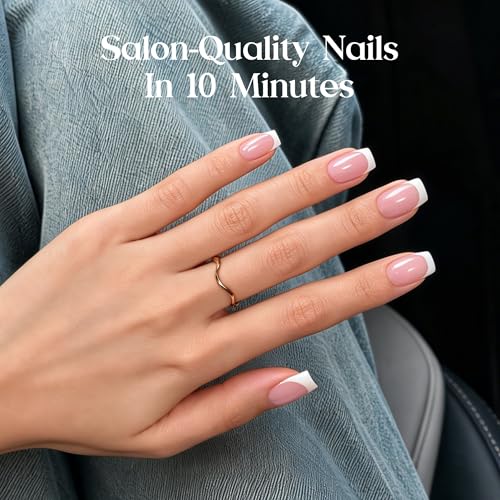 Beetles Pink French Tip Press on Nails - Short Square, 64 PCS 16 Sizes - color: 1C - French in Pink Base - S
