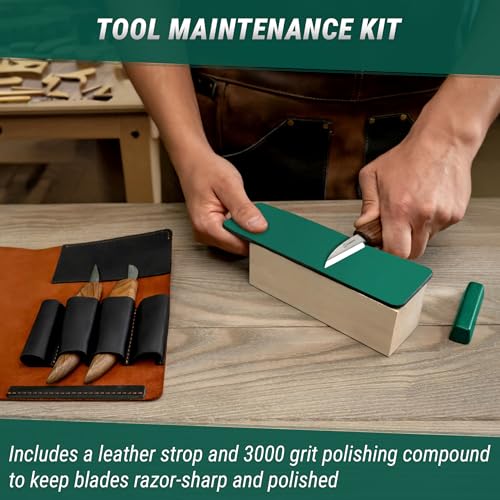 BeaverCraft Wood Carving Knife Set Deluxe S15X - Wood Carving Kit with Detail Chip Knife, Sloyd Roughing Whittling Knives & Leather Strop - Whittling Tools Set with Leather Case for Carvers