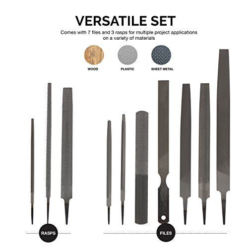 Neiko 00109A Metal File and Rasp Set | 12 Piece, 10, 8, and 6 Inch Extra Slim Flat, Half, Mill, and Round Files Set | Non Slip PVC Handle, Wood File | Heat Treated Carbon Steel Two Way File