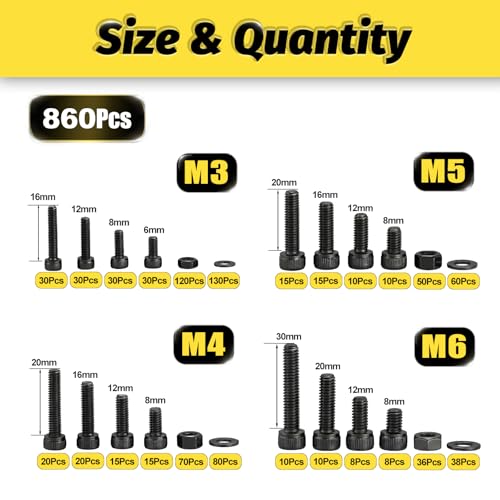 KADRICK 860PCS Metric Screws Assortment Kit,M6 M5 M4 M3 Hex Socket Head Cap - size: M3-M6 860Pcs