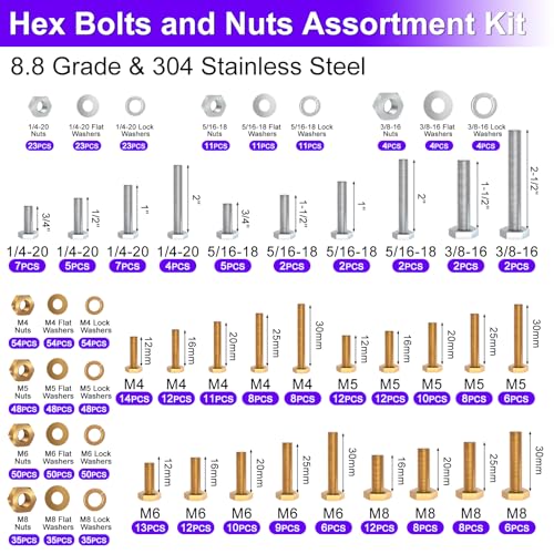 Hex Bolts and Nuts Assortment Kit 1/4-20 5/16-18 3/8-16 M4 M5 M6 M8 - color: Silver - M4 M5 M6 M8 1/4-20 5/16-18 3/8-16
