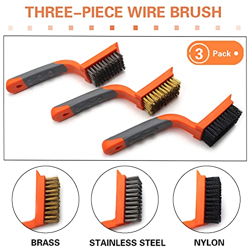 MAXMAN Wire Brush Set 3Pcs, Brass/Steel/Nylon Bristles, Rust &Paint Remover