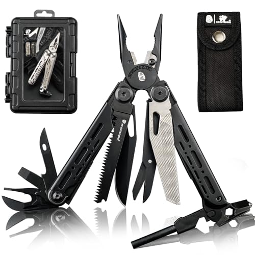 HX OUTDOORS 19 In 1 Pocket Multi Tool, Stainless Steel Multitools Pliers with Fire Starter and Glass Breaker, Folding EDC Camping Survival Tools for Men (Black) - color: Black