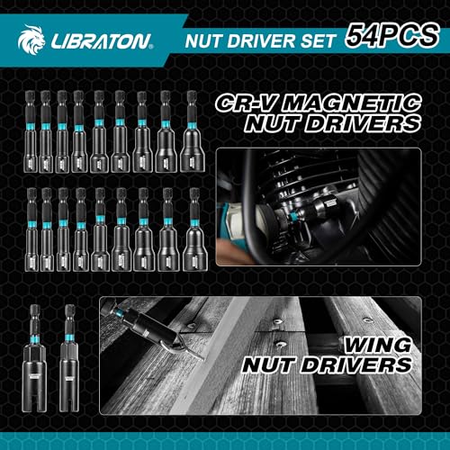 LIBRATON 54PCS Magnetic Nut Driver Set, Impact Drill Driver Bit Set 1/4"