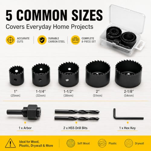 KATA 8PCS Hole Saw Kit 1" to 2-1/8" for Wood, Drywall, PVC, Plastic in Case - color: 8 PCS-Black