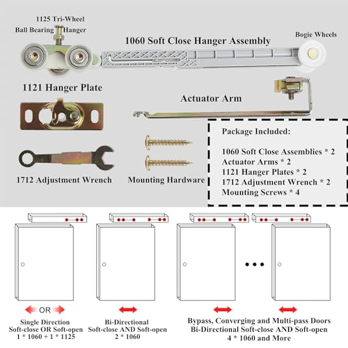 2 Set Pocket Door Soft Close Top Hanger Assemblies Fit for Johnson P/N #1060 & #1062, Works with 100, 134F, 138F, 2610F Series Track, 1" Nylon Ball Bearing Tri-Wheel, Bi-Direction