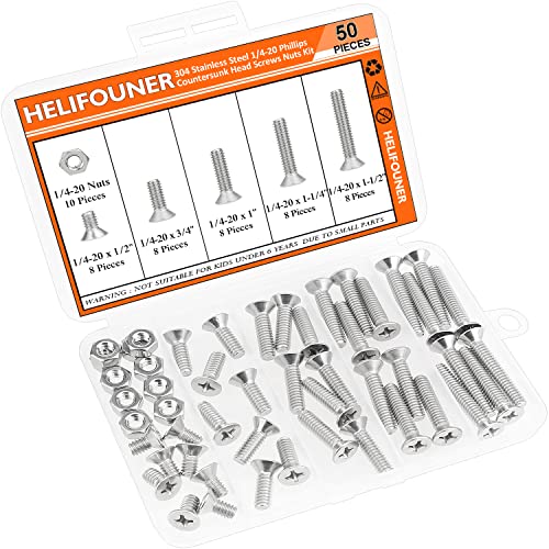 HELIFOUNER 50 Pieces 1/4-20 x 1/2" 3/4" 1" 1-1/4" 1-1/2" Phillips Countersunk Head Screws Nuts Washers Assortment Kit, Coarse Thread, Fully Machine Threaded, 304 Stainless Steel - size: 1/4-20