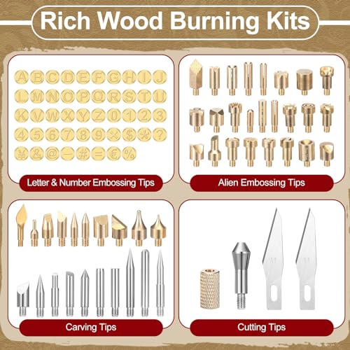 Lothee 136 Pcs Wood Burning Kit for Adults Beginners, Adjustable Temperature Pyrography Pen Set with Alphabet Number Tips, Stencils & Wood Chips, DIY Wooden Burner Tool for Embossing Carving